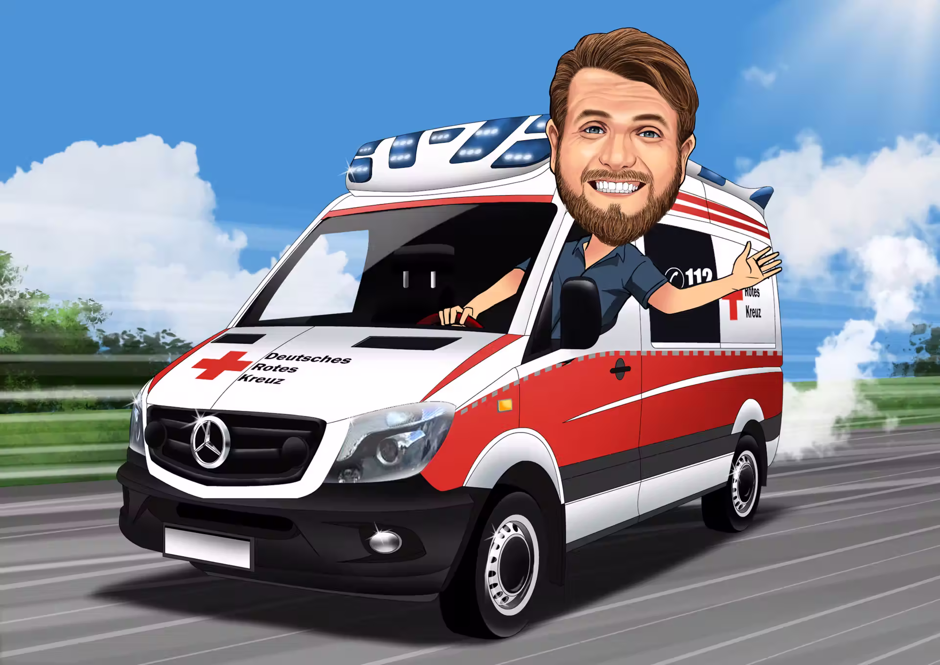 Karikatur Mann fährt Deutsches Rotes Kreuz Rettungswagen auf Straße