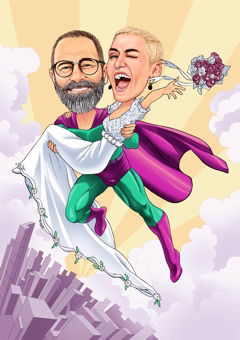 Superhelden-Paar fliegt über Stadtkulisse im Hochzeits-Cartoon mit Brautstrauß