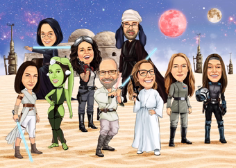 Acht Personen als Star-Wars-Helden Karikatur auf Wüstenplaneten mit rotem Mond