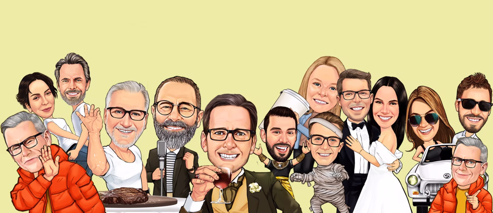 Große Gruppen-Karikatur mit vielen Personen in verschiedenen Outfits und Anlässen
