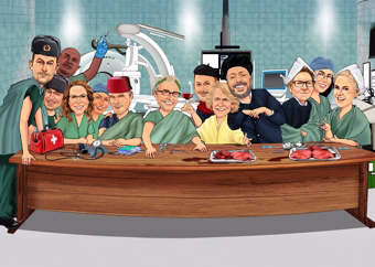 Karikatur-Gruppe im OP-Saal mit Ärzte-Team in Operationskitteln am Tisch