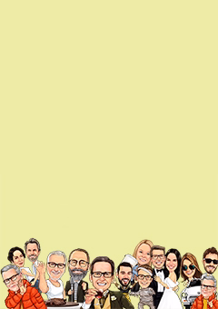Karikatur-Gruppe von neun Personen in verschiedenen Outfits und Anlässen