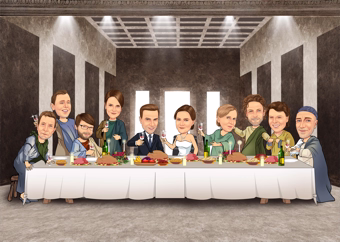Karikatur-Gruppe von 13 Personen beim festlichen Abendmahl am langen Tisch