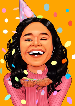Karikatur einer Frau mit Partyhut bläst Konfetti zum Geburtstag