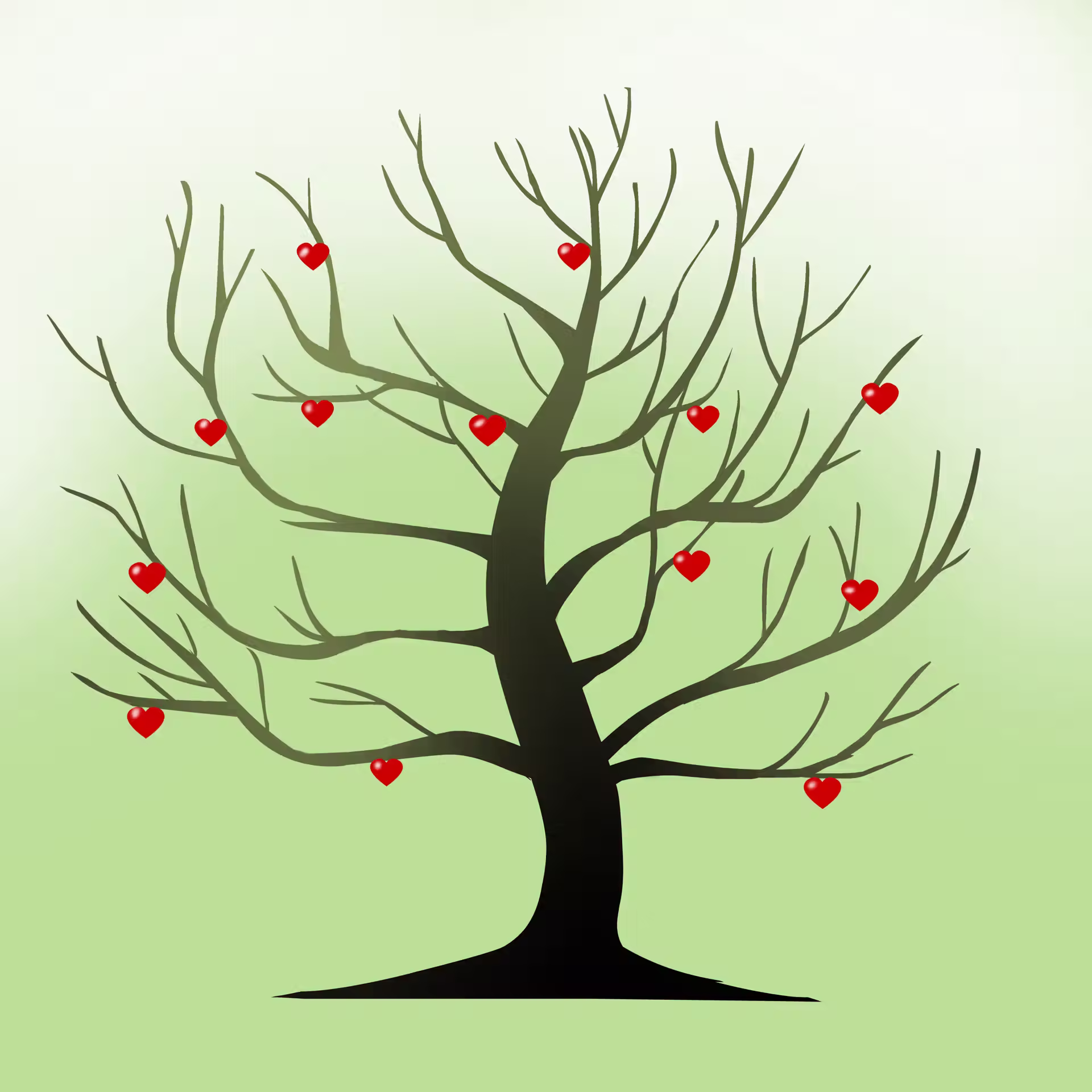 Cartoon Baum mit roten Herzen an kahlen Ästen auf grünem Hintergrund