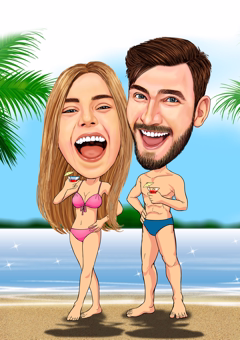 Paar-Karikatur am Strand im Bikini und Badehose mit Palmen