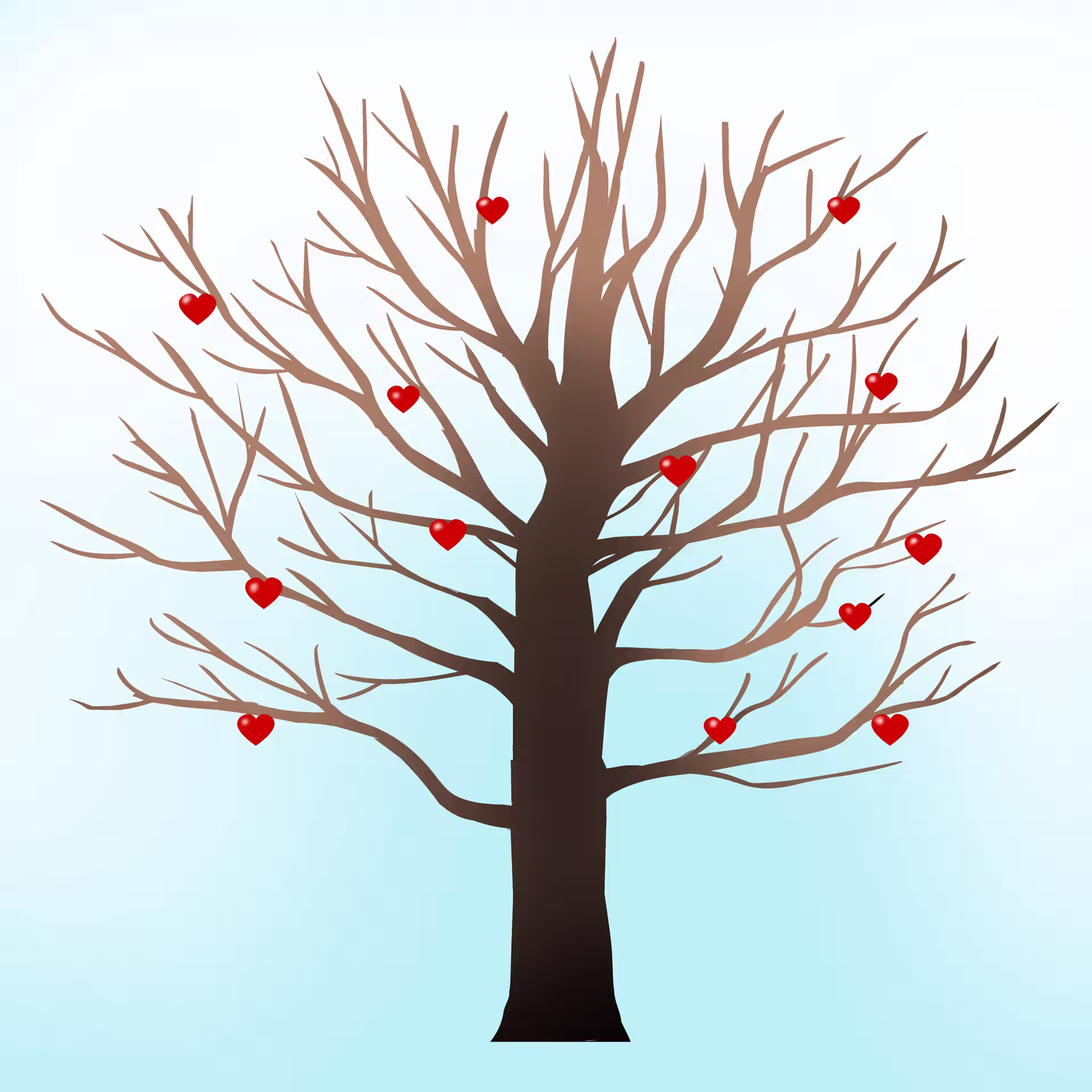 Illustrierter kahler Baum mit roten Herzen an den Ästen auf hellblauem Hintergrund