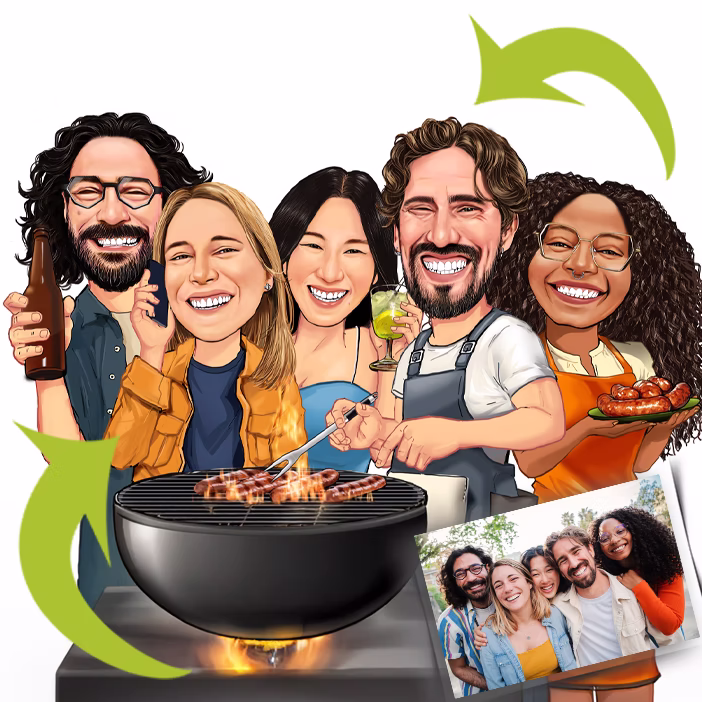 Karikatur fünf Freunde beim Grillen mit Bier Wein und Würstchen