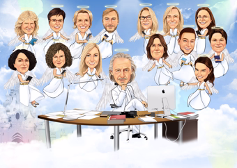 Karikatur-Gruppe als Engel mit Chef am Schreibtisch im Wolkenhimmel