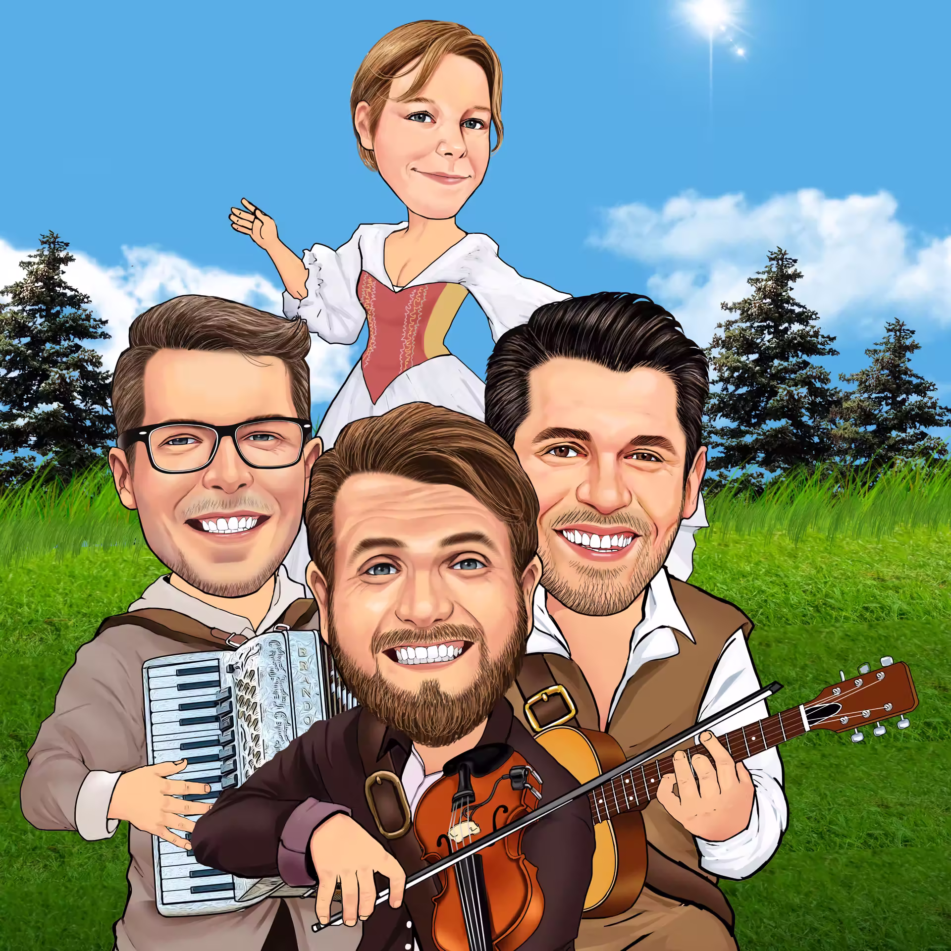 Karikatur Volksmusik-Gruppe mit Akkordeon, Geige, Gitarre und Tracht auf Almwiese