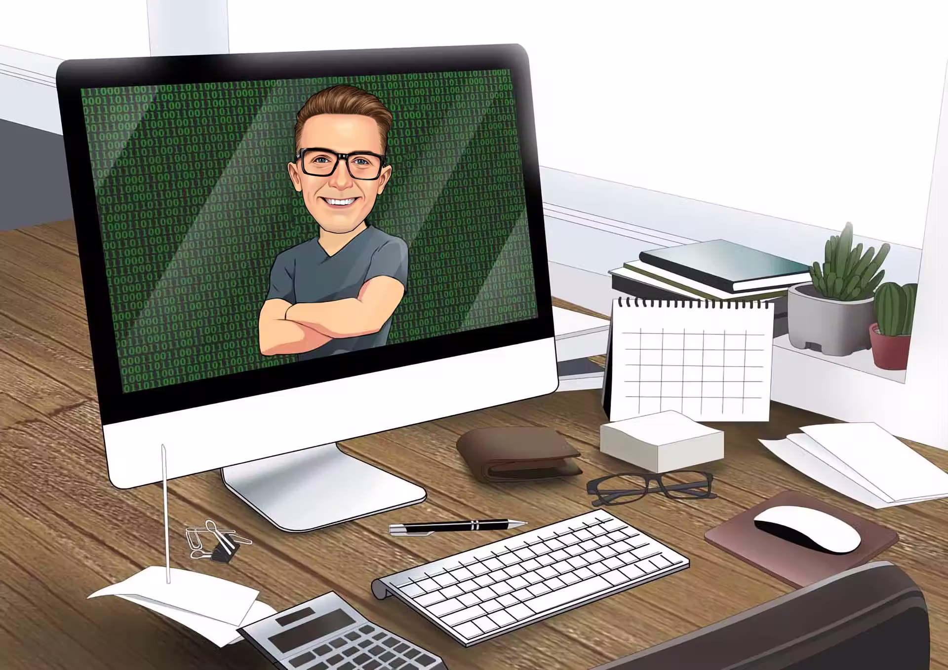 Karikatur Mann mit verschränkten Armen auf PC-Monitor Bildschirm, Büro-Setting mit Binärcode-Hintergrund