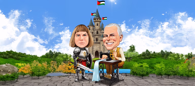 Karikatur-Paar vor Märchenschloss – Ritterin mit Schwert und Mann an Nähmaschine