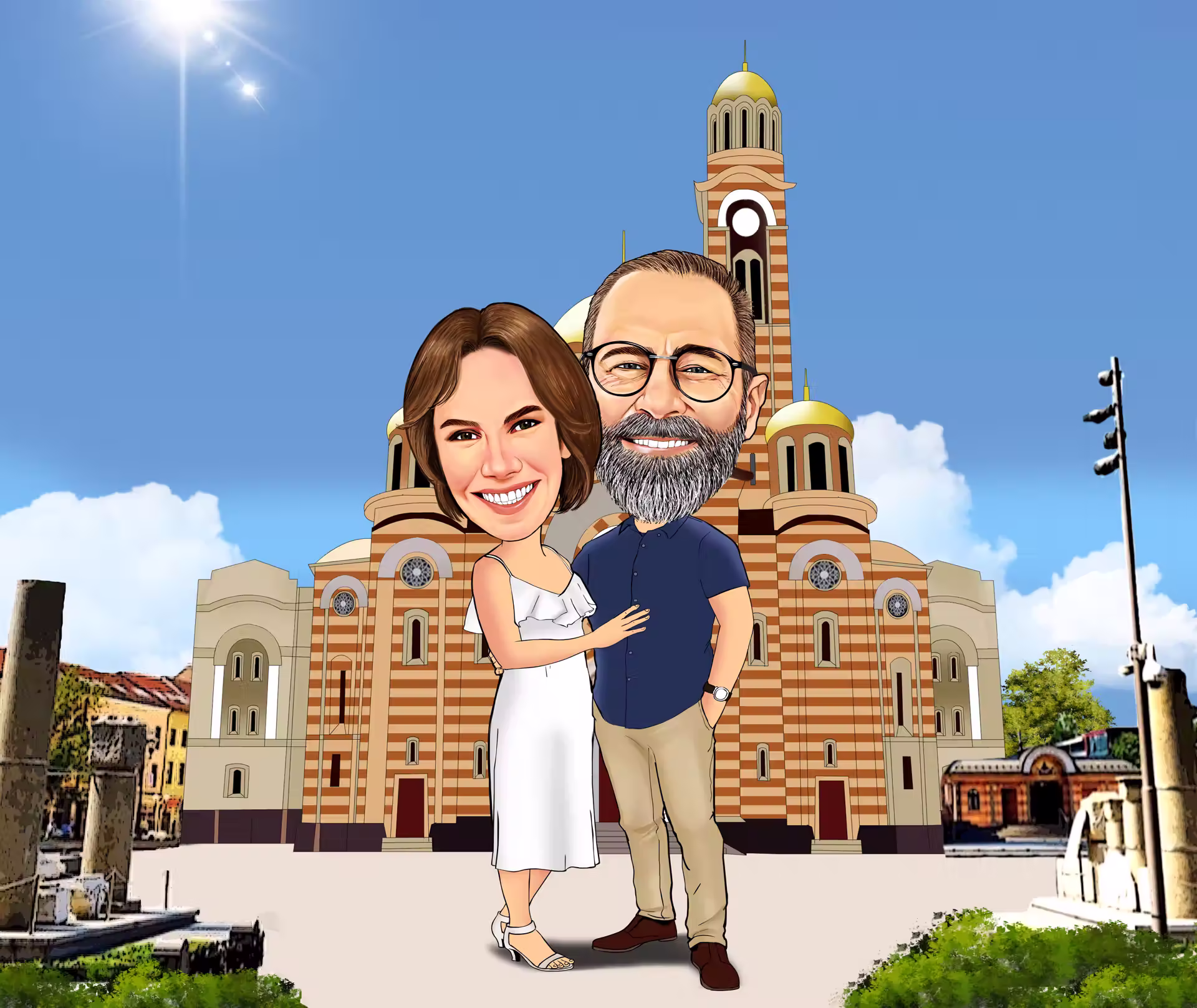 Paar-Karikatur vor prachtvoller Kathedrale im Cartoon-Stil als personalisiertes Geschenk