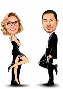 Karikatur Paar im Agenten-Look schwarze Outfits Geheimdienstfilm-Stil