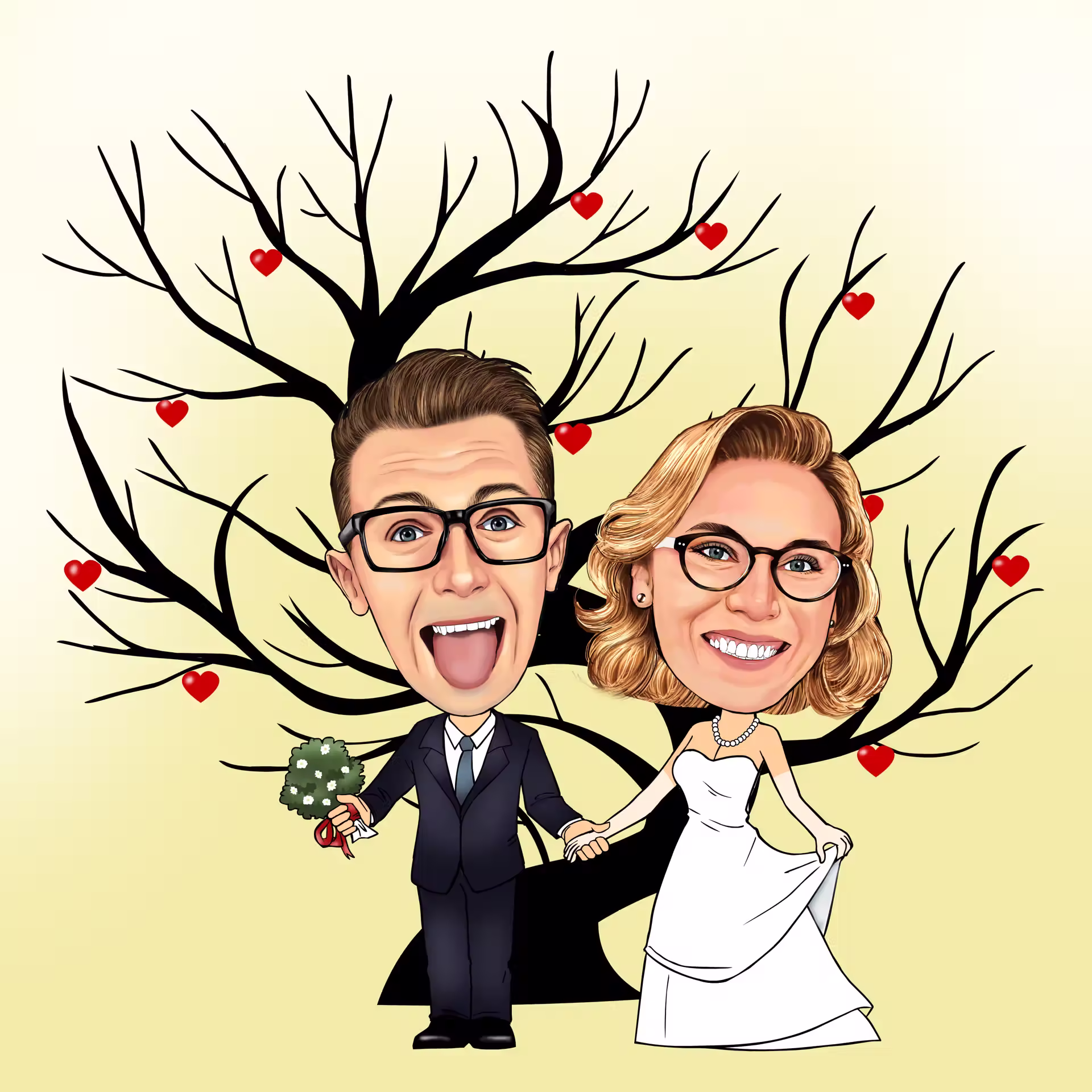 Hochzeits-Karikatur Paar in Anzug und Brautkleid vor Herzbaum