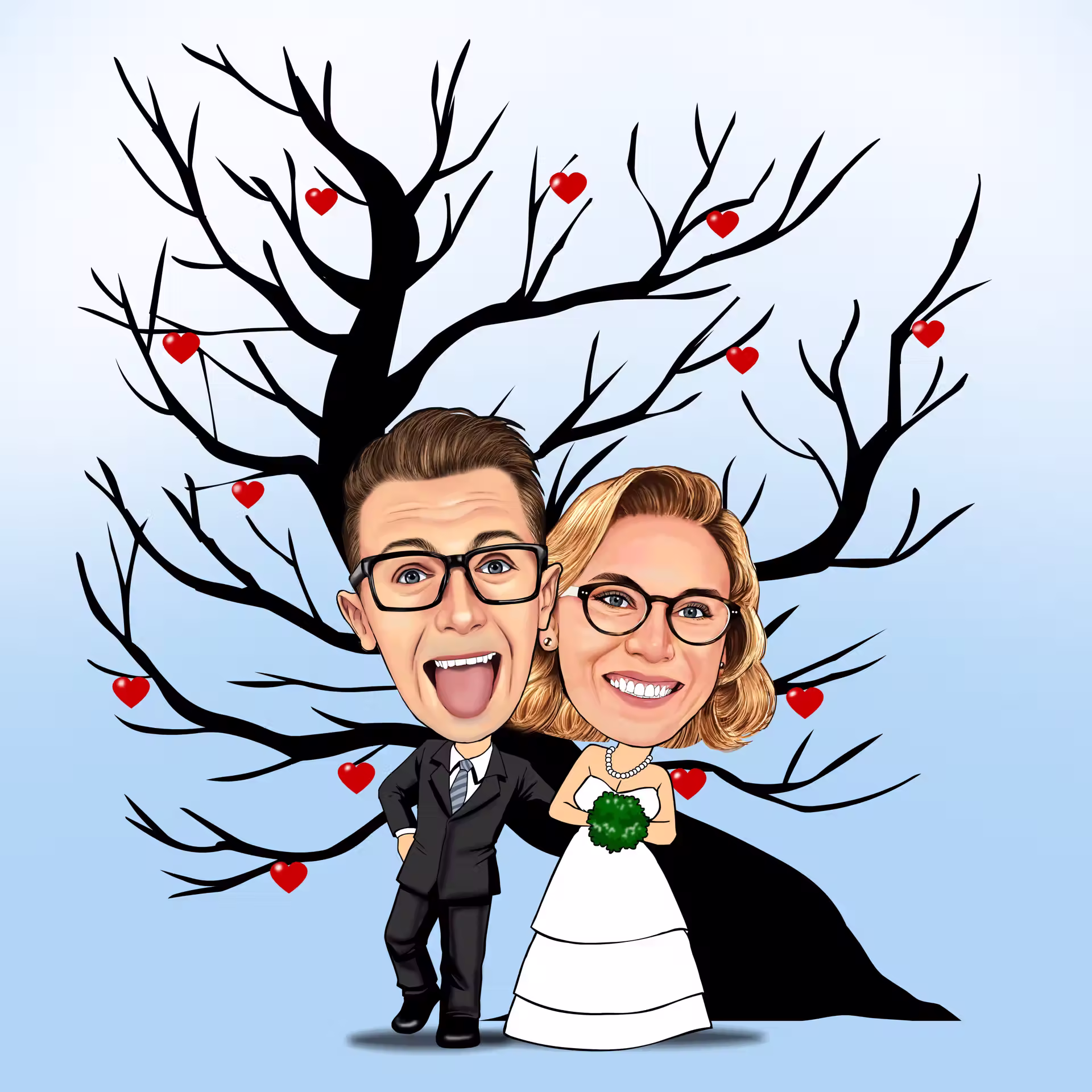 Hochzeitspaar-Karikatur vor kahlem Baum mit roten Herzen, Braut im weißen Kleid mit Brautstrauß