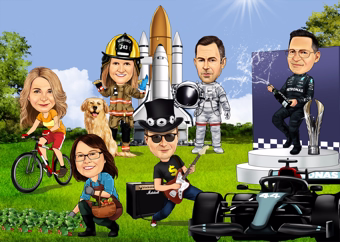 Karikatur-Collage mit sieben Personen in verschiedenen Erlebnis-Szenen und Outfits