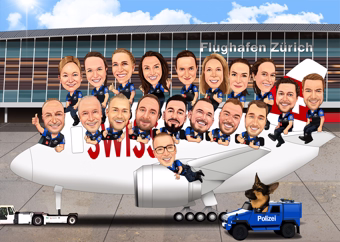Karikatur-Gruppe auf Swiss-Flugzeug vor Flughafen Zürich mit Polizeiauto