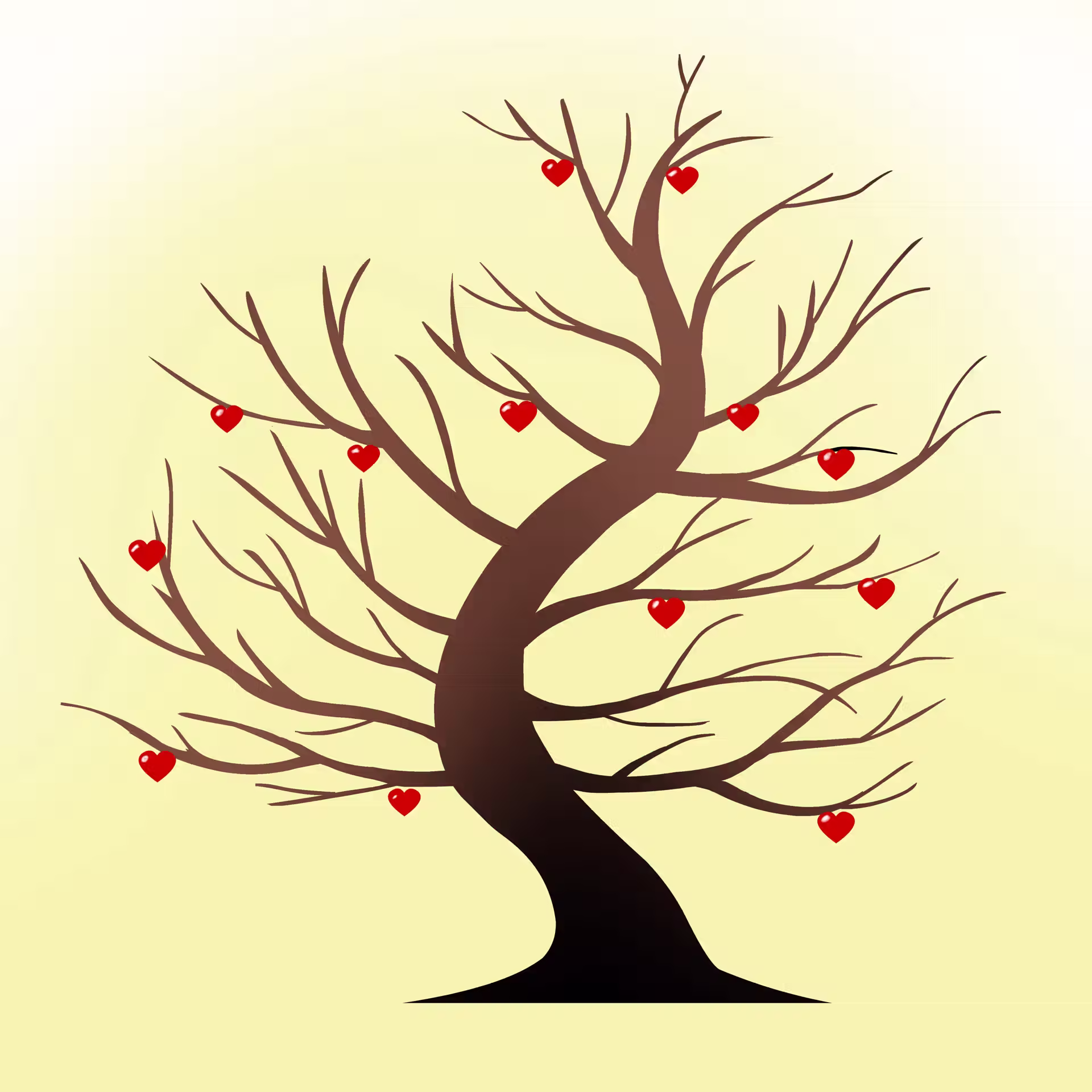 Cartoon-Baum mit roten Herzen an kahlen Ästen auf cremefarbenem Hintergrund