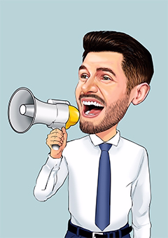 Karikatur Mann im weißen Hemd ruft lautstark ins Megafon