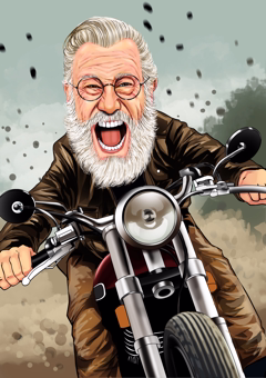 Karikatur Mann auf Motorrad in Lederjacke mit aufregender Fahrt-Szene