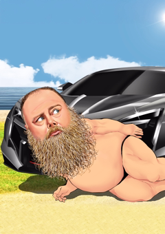 Karikatur Baby-Erwachsener liegt am Strand vor schwarzem Supersportwagen