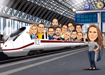 Karikatur große Gruppe am Bahnhof mit ICE-Zug auf Bahnsteig
