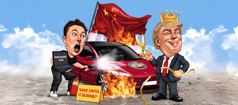 Politische Karikatur zwei Männer brennendes Auto chinesische Flagge Goldkrone