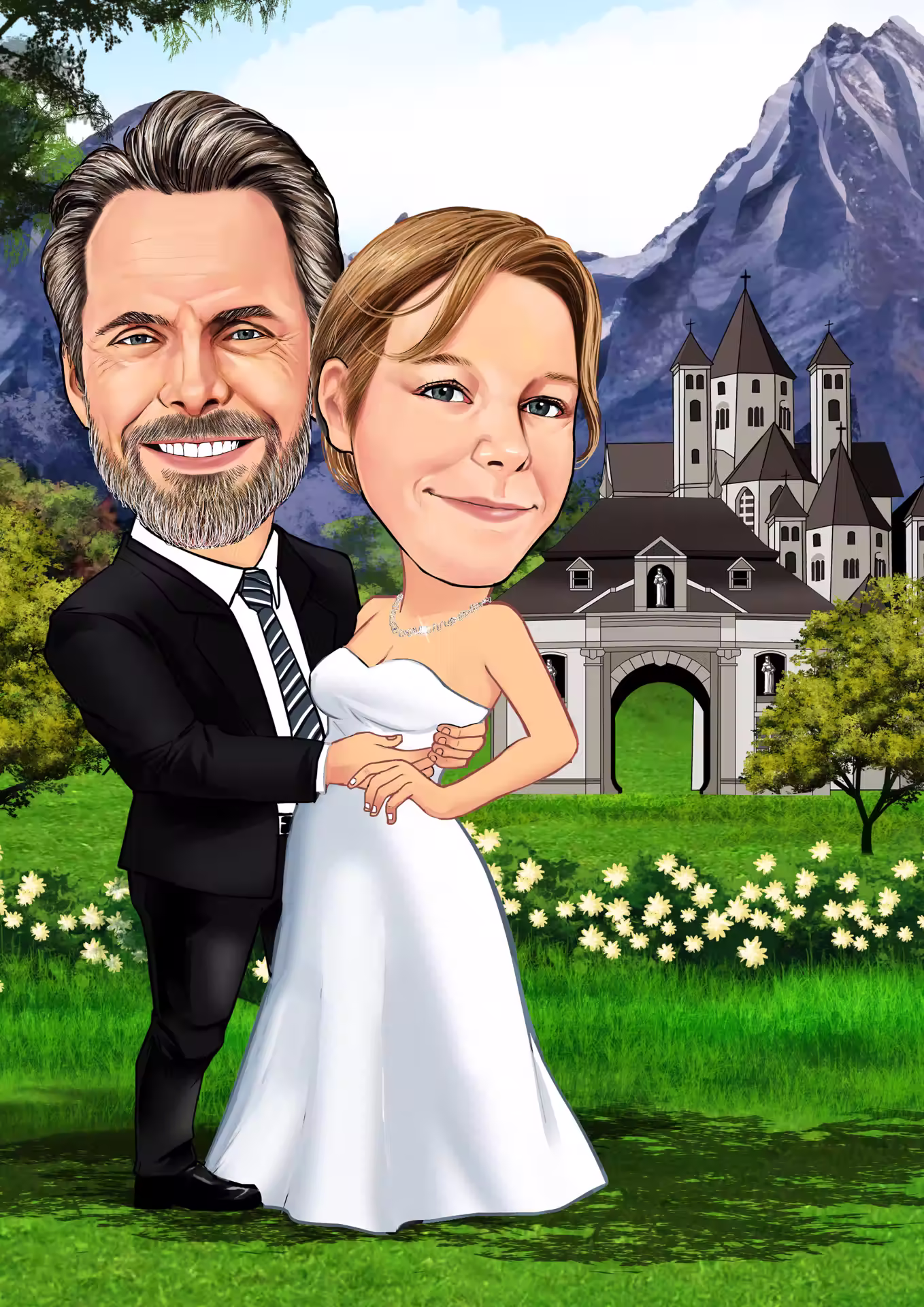 Hochzeits-Karikatur Paar in Anzug und Brautkleid vor Kirche und Bergen