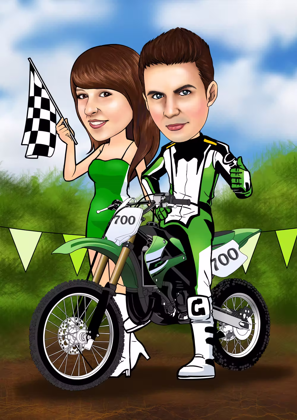 Karikatur Paar auf grünem Motocross-Motorrad mit Zielflagge auf Offroad-Strecke