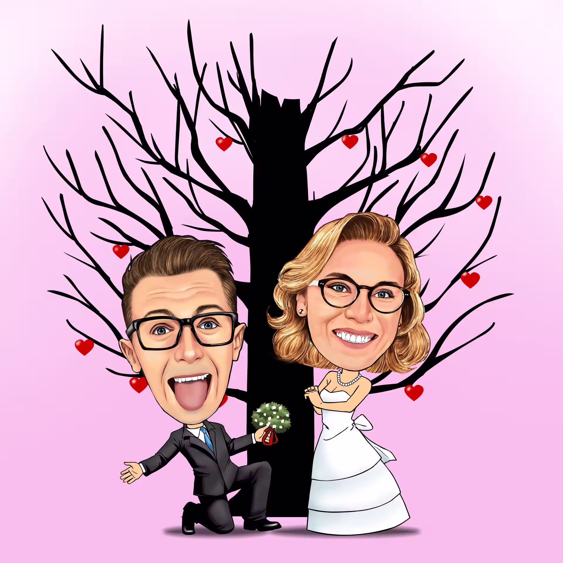 Hochzeits-Karikatur Paar in Anzug und Brautkleid vor Herzbaum