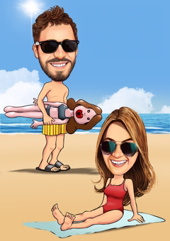 Paar-Karikatur am Strand: Mann mit Badeshorts hält Frau im Bikini hoch