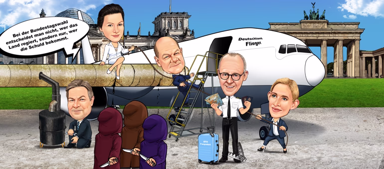 Politische Karikatur zur Bundestagswahl mit Flugzeug vor Brandenburger Tor Berlin