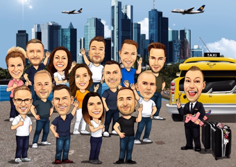 Karikatur Großgruppe am Flughafen mit Skyline Taxi und Koffern