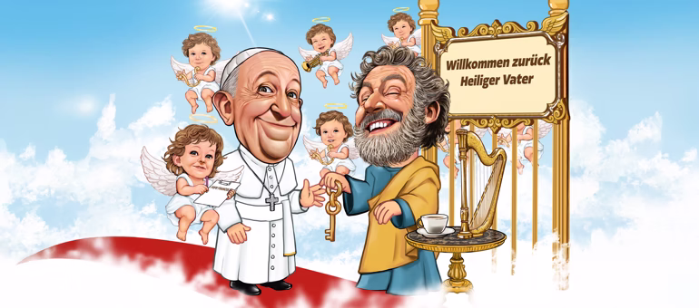 Karikatur zweier Männer am Himmelstor mit Engeln und Willkommensschild