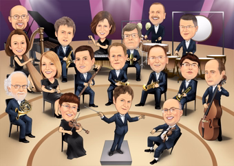 Karikatur eines großen Orchesters mit Dirigent und vielen Musikern auf der Bühne