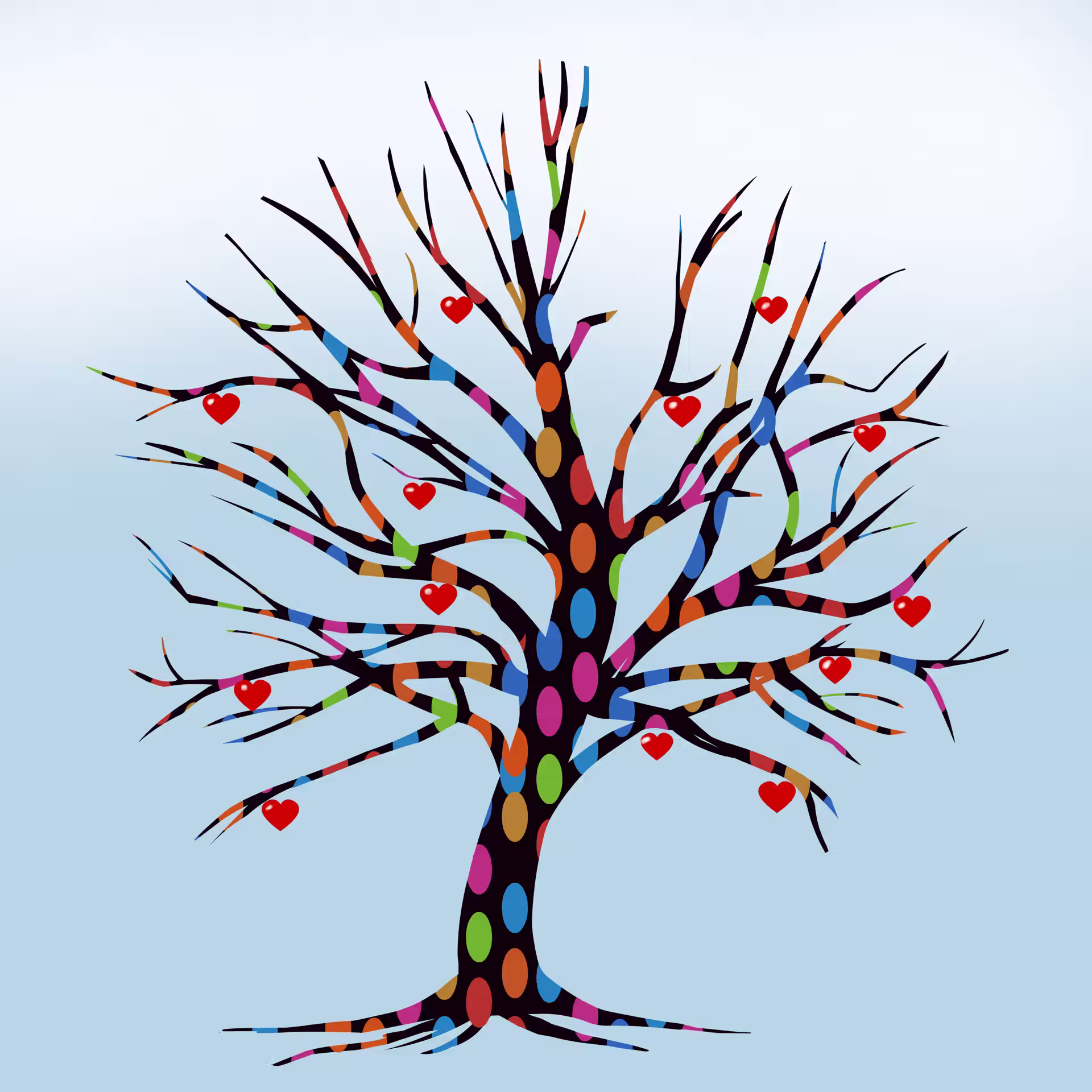 Bunter Cartoon-Baum mit roten Herzen an den Ästen auf hellblauem Hintergrund
