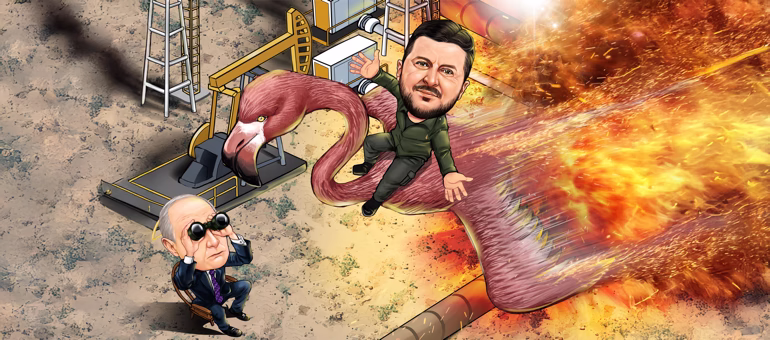 Zwei Karikatur-Figuren mit Ölförderanlage, reitendem Flamingo und Explosion im Hintergrund