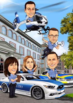 Karikatur vier Polizisten mit Streifenwagen und Hubschrauber vor Polizeipräsidium