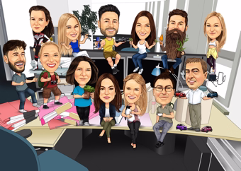 Karikatur-Gruppe von zwölf Personen im modernen Büro-Setting
