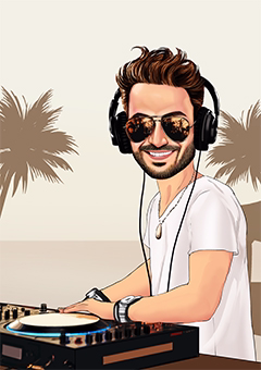 Karikatur DJ am Turntable mit Kopfhörern und Sonnenbrille am Strand