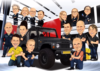 Karikatur-Gruppe von elf Personen rund um einen schwarzen Geländewagen im Autohaus
