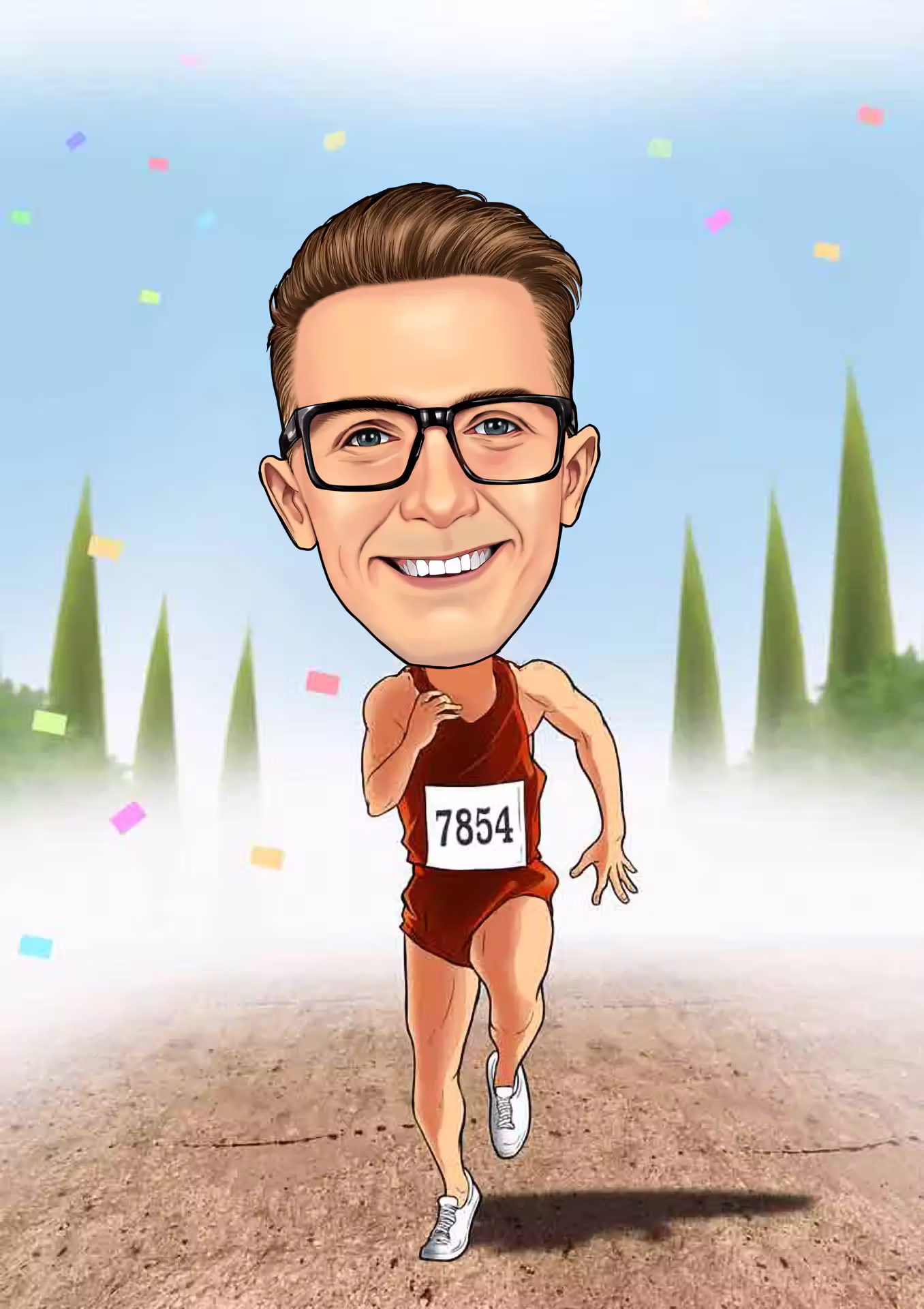 Karikatur Mann im Lauf-Outfit mit Startnummer rennt bei Marathon mit Konfetti