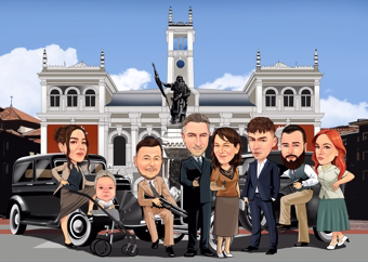 Karikatur-Gruppe von acht Personen vor historischem Gebäude mit Oldtimer