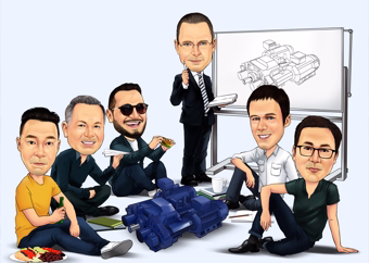 Karikatur fünf Männer im Büro-Meeting mit Präsentationstafel und Maschinenteil