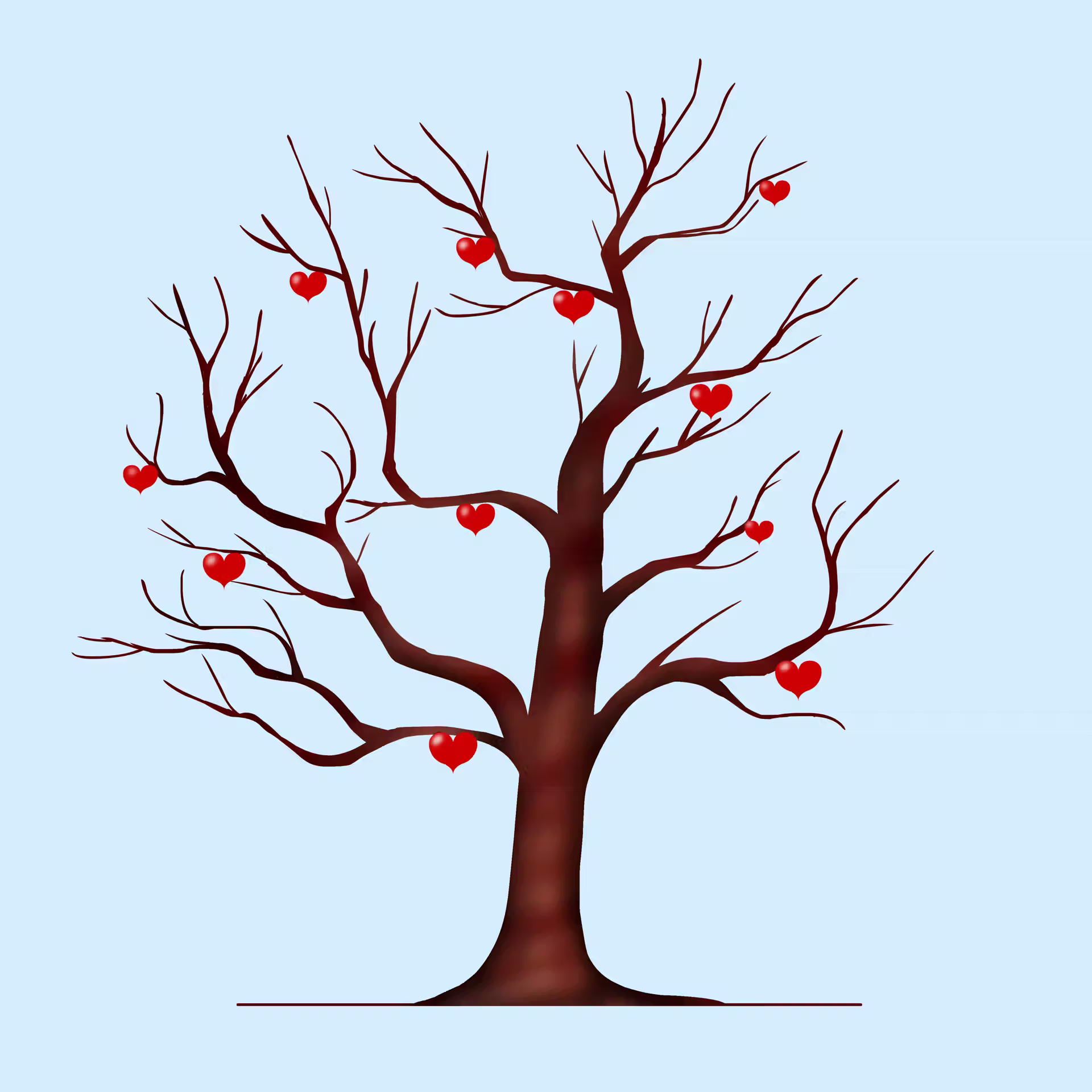 Illustration kahler Baum mit roten Herzen an den Ästen auf hellblauem Hintergrund