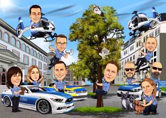 Karikatur-Gruppe Polizisten mit Einsatzfahrzeugen und Hubschrauber in Stadtkulisse