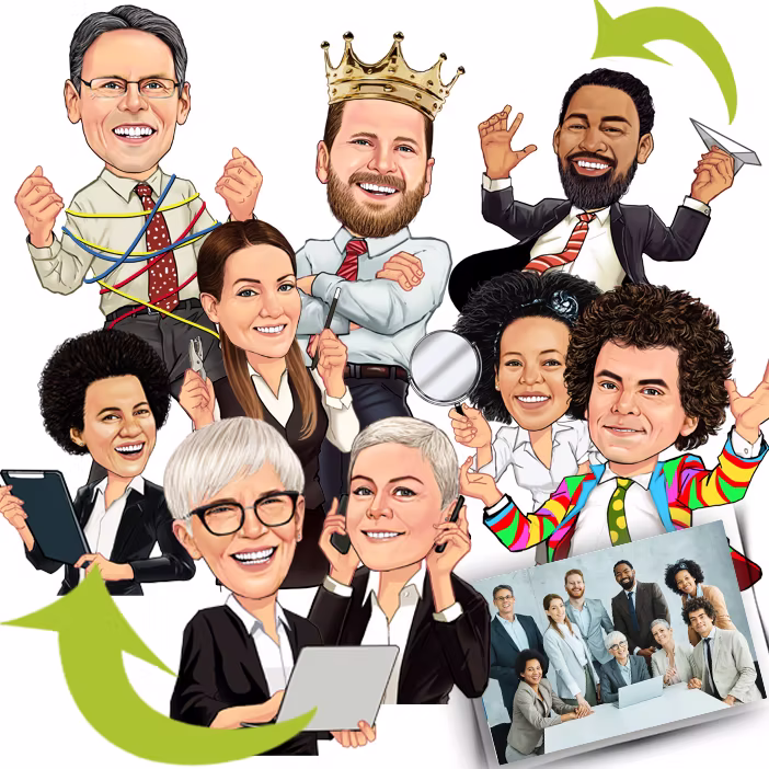 Bunte Team-Karikatur mit neun Kollegen in Business-Outfits und Büro-Accessoires