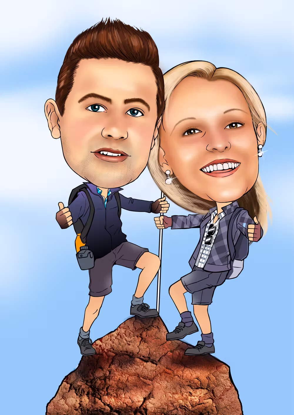 Karikatur Paar auf Berggipfel mit Wanderausrüstung und Trekkingstock