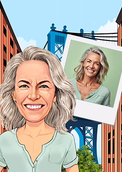 Pop-Art-Karikatur einer Frau vor New-York-Skyline mit Polaroid-Foto